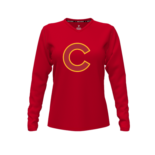 [FTLVCFRD-FYXS-LOGO1] Decker Comfort T-Shirt (Female Youth XS, Red, V Neck, Logo 1, Long Sleeve)