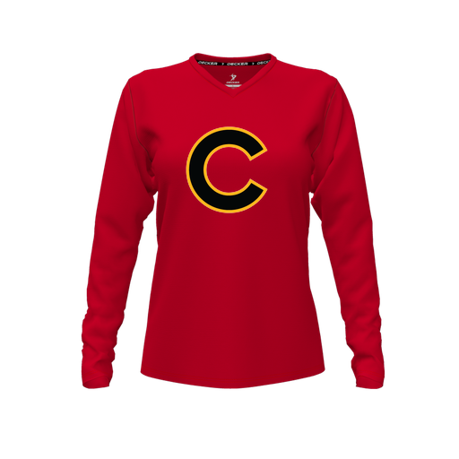 [CUS-DFW-TEES-CMF-VNK-LSL-RED-FYXS-LOGO2] Decker Comfort T-Shirt (Female Youth XS, Red, V Neck, Logo 2, Long Sleeve)