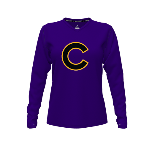 [CUS-DFW-TEES-CMF-VNK-LSL-PUR-FYXS-LOGO2] Decker Comfort T-Shirt (Female Youth XS, Purple, V Neck, Logo 2, Long Sleeve)