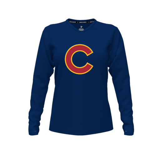 [CUS-DFW-TEES-PER-VNK-LSL-NVY-FYXS-LOGO1] Decker Performance T-Shirt (Female Youth XS, Navy, V Neck, Logo 1, Long Sleeve)